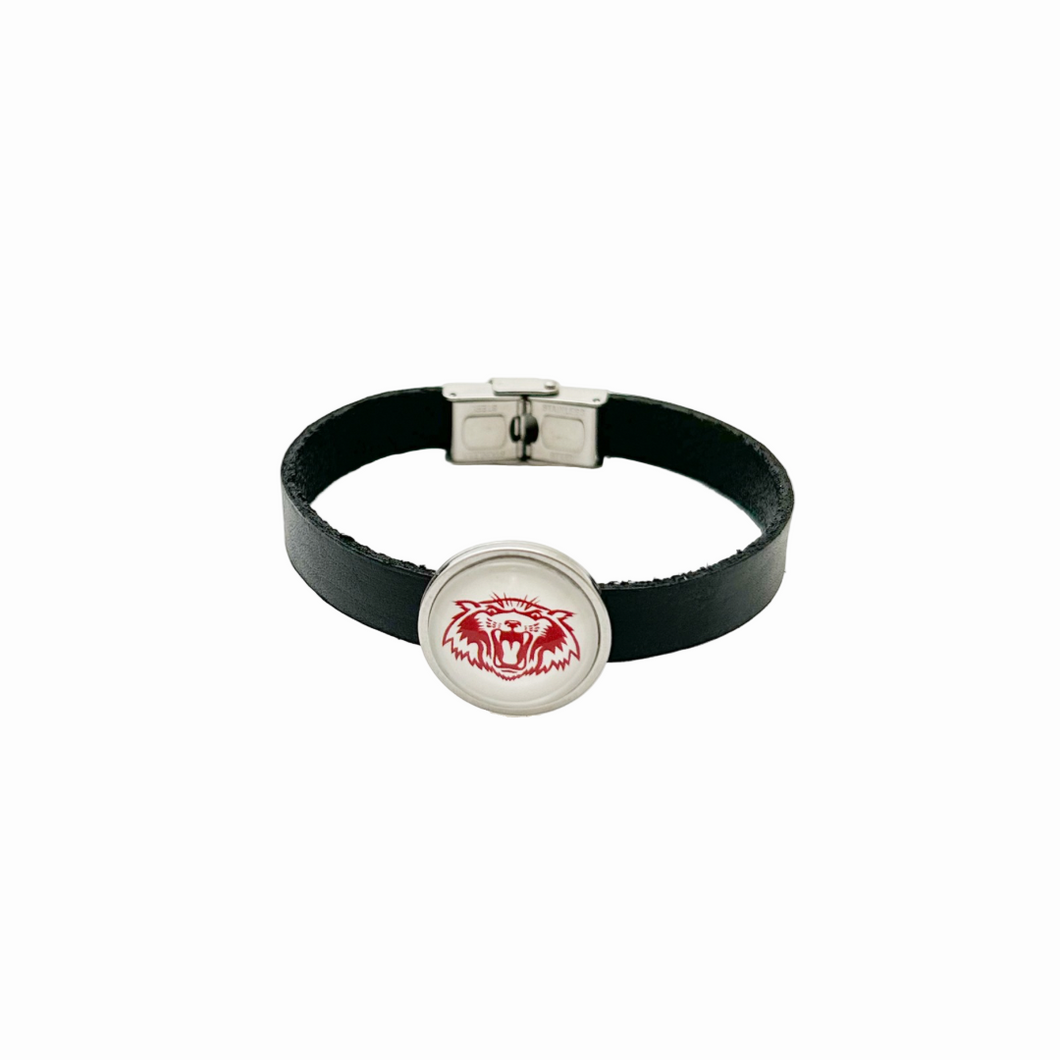 black flat leather bracelet with center charm featuring the vines wildcat logo and stainless steel clasp