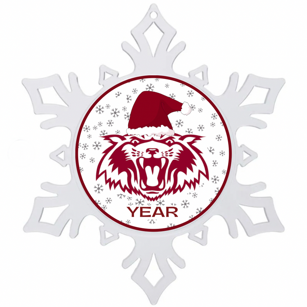 acrylic snowflake shaped ornament with a holiday themed vines high school wildcat graphic in the center