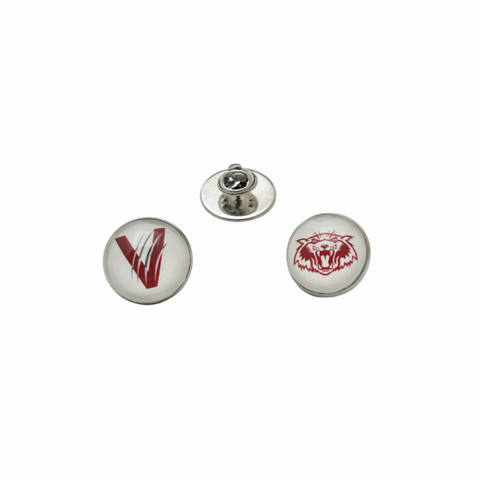 set of two stainless steel lapel pins one with vines high school v logo and the other with the vines wildcat logo
