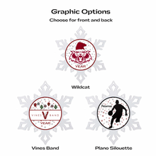 set of three snowflake-shaped acrylic photo ornaments with various holiday themed Vines high school wildcats logos and personalized text