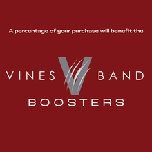 Vines Band Boosters logo on a red background with text about a percentage of purchase benefitting them.