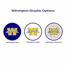 set of 3 logo designs of the Wilmington Greyhounds in blue, yellow, and white