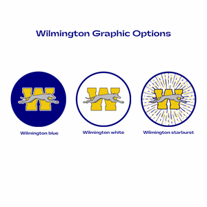 set of 3 logo designs of the Wilmington Greyhounds in blue, yellow, and white