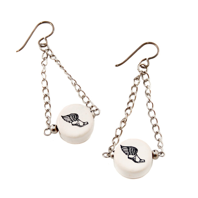 ceramic track wing foot bead earrings with stainless steel curb chain