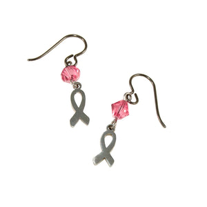 silver ribbon charm earrings with pink crystals