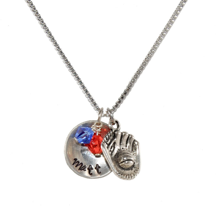 silver personalized metal stamped baseball necklace with swarovski crystal beads