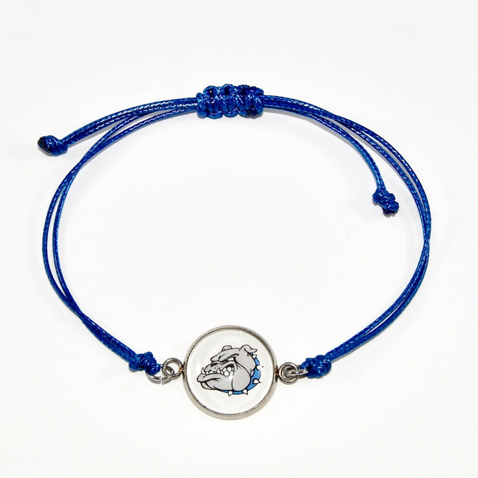 blue adjustable cord friendship bracelet with graphic bulldog charm