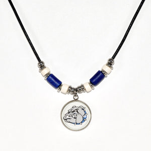 black leather cord Belgreen bulldogs necklace with blue and white beads