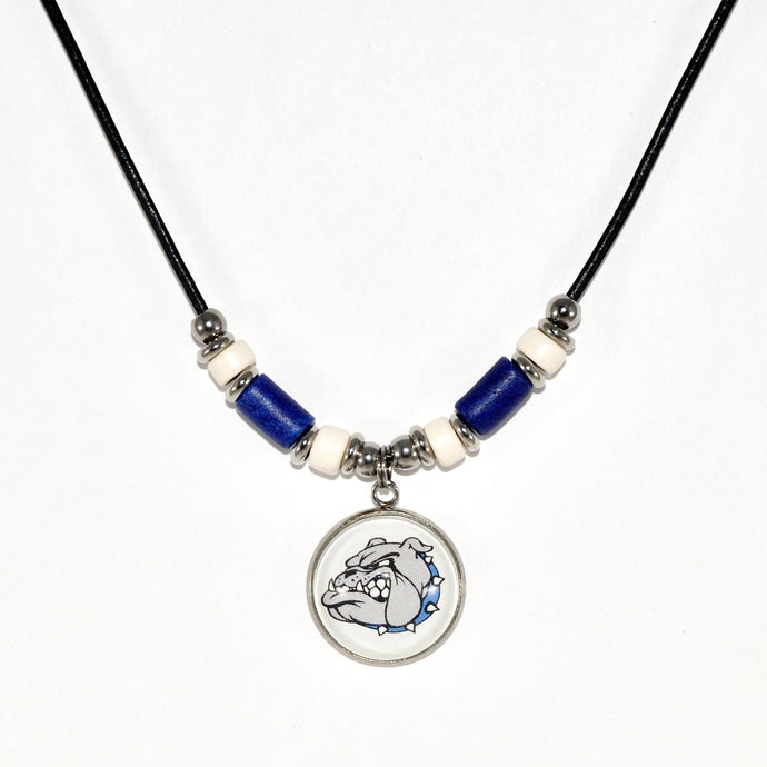 black leather cord necklace with Belgreen bulldogs pendant blue and  white ceramic tube beads, and stainless steel spacers