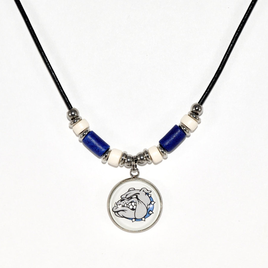 black leather cord necklace with Belgreen bulldogs pendant blue and  white ceramic tube beads, and stainless steel spacers