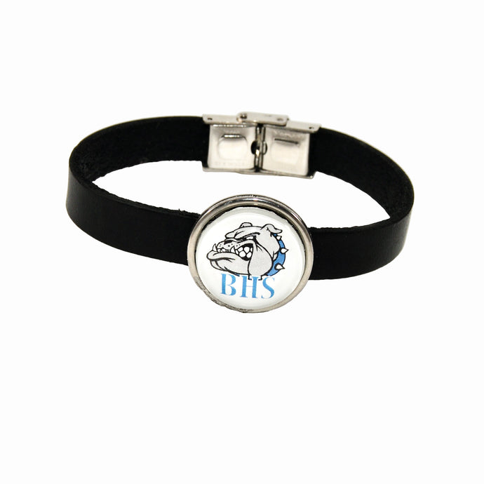 10 mm black leather strap bracelet with circular stainless steel slide charm with the Belgreen bulldog BHS logo