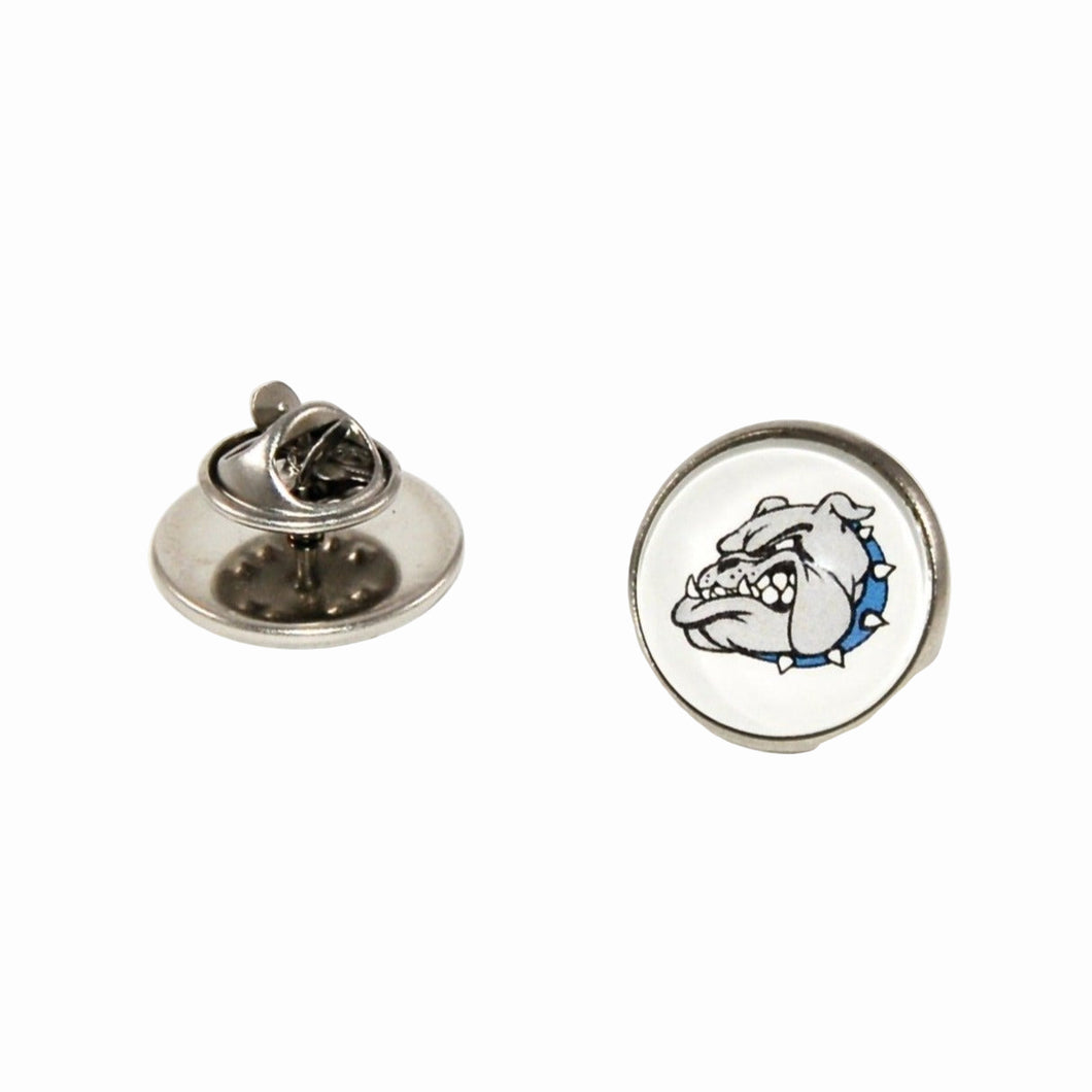 stainless steel circular lapel pin with Belgreen bulldog logo