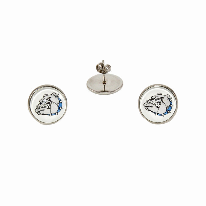 circular stainless steel stud earrings with the Belgreen bulldog logo graphic