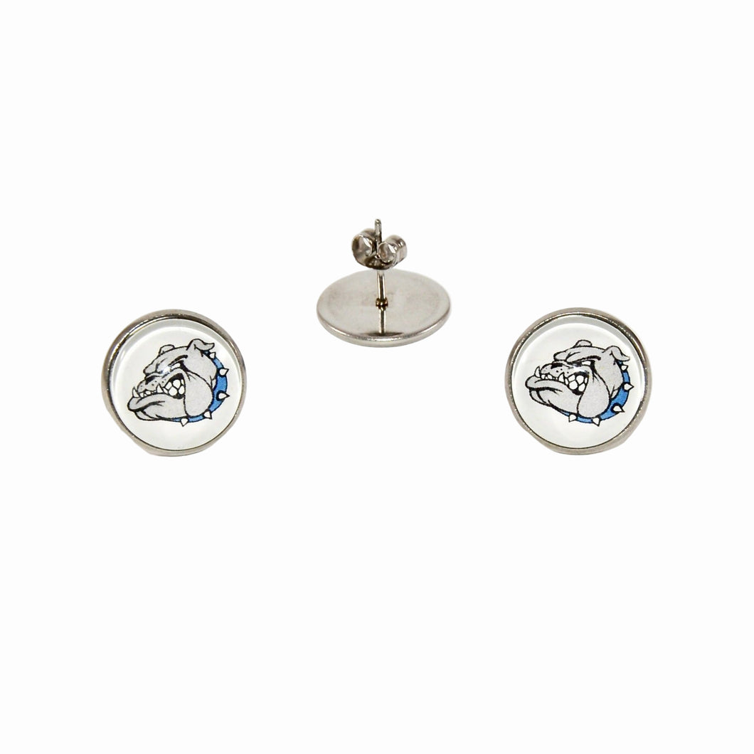 circular stainless steel stud earrings with the Belgreen bulldog logo graphic