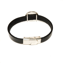 back view of black leather cuff bracelet with stainless steel clasp