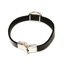 back view of a black leather cuff bracelet with open stainless steel clasp