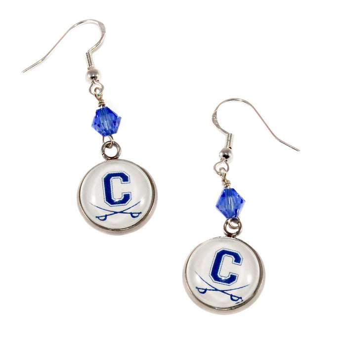 custom Chillicothe high school charm earrings with sapphire Swarovski crystal bead accents