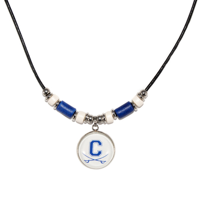 custom Chillicothe pendant with blue and white beads and stainless steel spacers on a black leather cord