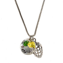 personalized metal stamped hockey necklace with hockey mask charm and green and yellow Swarovski crystal beads