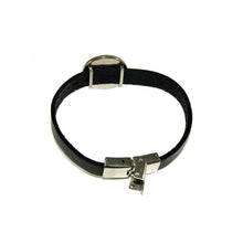 back view of black leather strap bracelet with opened stainless steel clasp