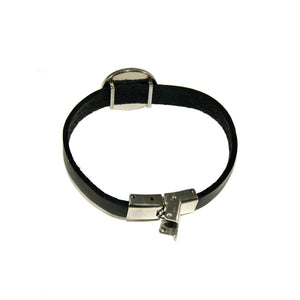 back view of open stainless steel clasp and black leather strap bracelet