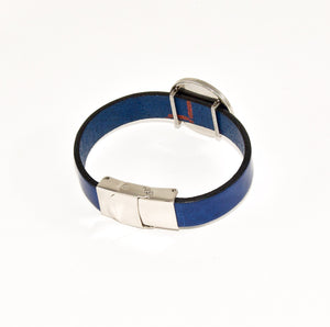 back view blue leather bracelet with stainless steel clasp and slide charm