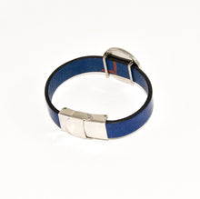 back view blue leather strap cuff bracelet with stainless steel clasp