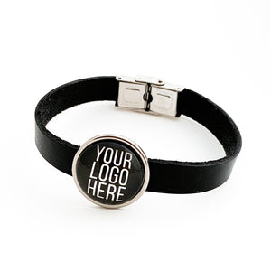custom stainless steel logo slide charm bracelet on black leather strap