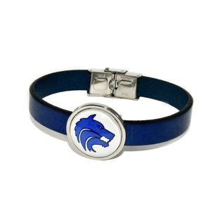 blue leather Plano West cuff bracelet with stainless steel clasp