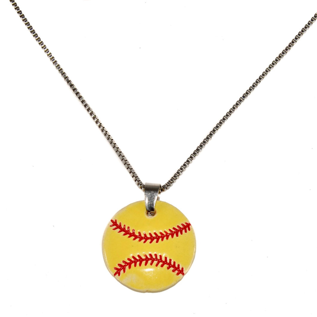 ceramic softball pendant necklace on stainless steel box chain