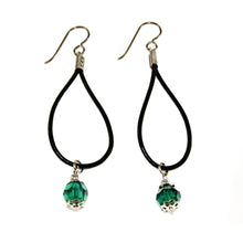 black leather cord tear drop earrings with green swarovski crystal beads