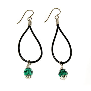 black leather cord tear drop earrings with green swarovski crystal beads
