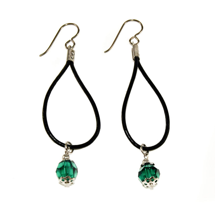 black leather cord tear drop earrings with green swarovski crystal beads