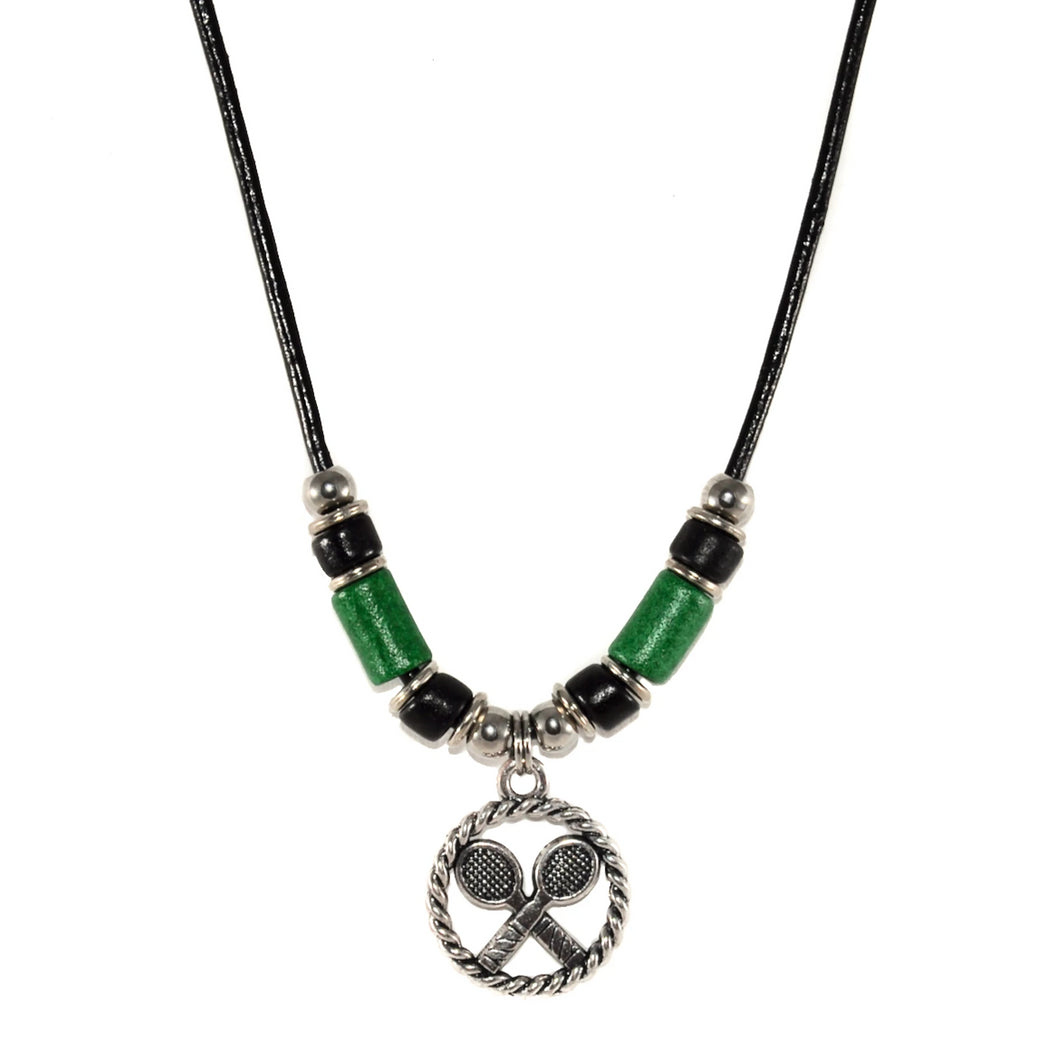 tennis pendant necklace with green and black beads on a black leather cord