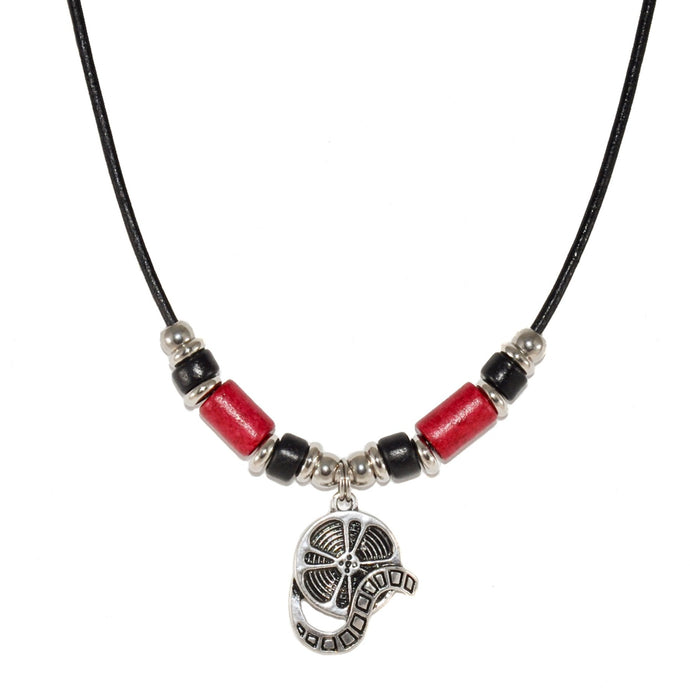 silver film reel pendant black leather cord necklace with black and red beads
