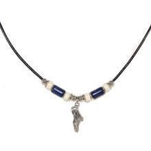 cross country and track shoe pendant necklace with navy and white beads and black leather cord