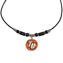custom Tusculum University pendant leather cord necklace with black ceramic beads and stainless steel spacers