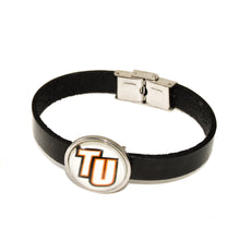custom Tusculum University slide charm on black leather strap cuff bracelet