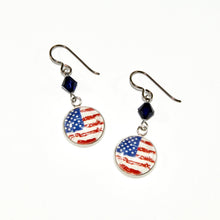 USA flag charm earrings with navy blue Swarovski crystal beads
