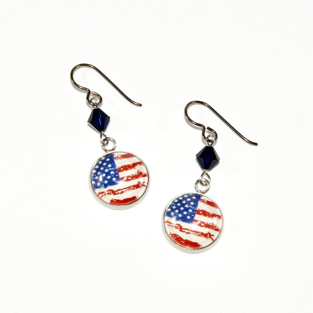 USA flag charm earrings with navy blue Swarovski crystal beads