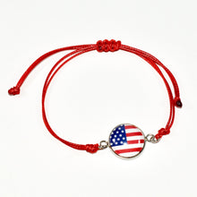red adjustable cord friendship bracelet with USA American flag graphic charm