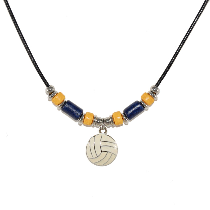 white volleyball pendant necklace with navy blue and yellow beads on a black leather cord