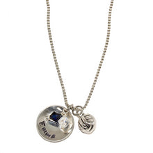 personalized metal stamped necklace with volleyball charm and navy and white crystal bead