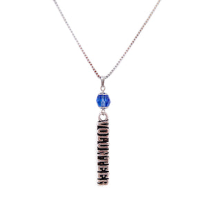 silver volunteer necklace with blue bead and box chain
