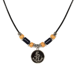 wrestling pendant necklace with black and yellow beads, stainless steel spacer beads, strung on a black leather cord