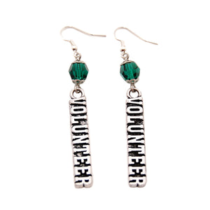 silver volunteer earrings with green crystal beads