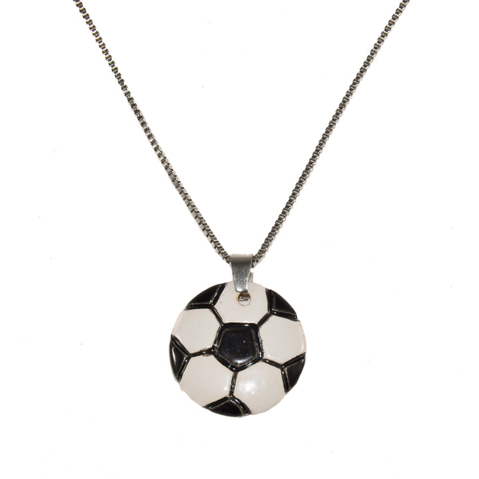 ceramic soccer pendant necklace on a stainless steel box chain