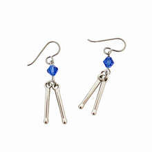 silver drumsticks charm earrings with blue sapphire Swarovski crystal beads