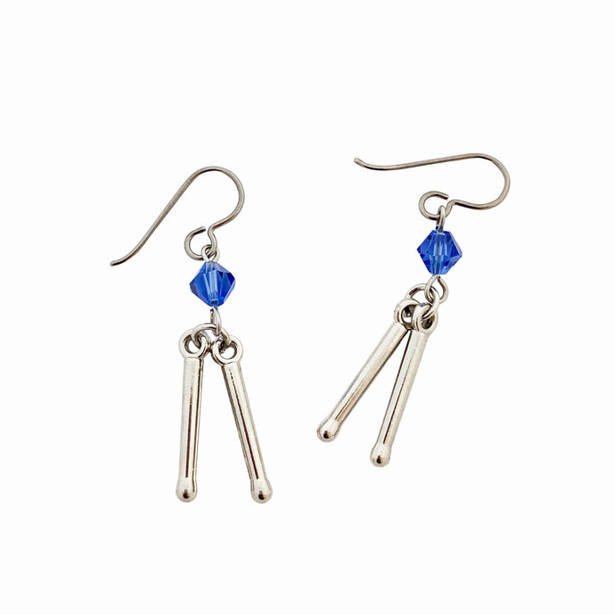 silver drumsticks charm earrings with blue sapphire Swarovski crystal beads