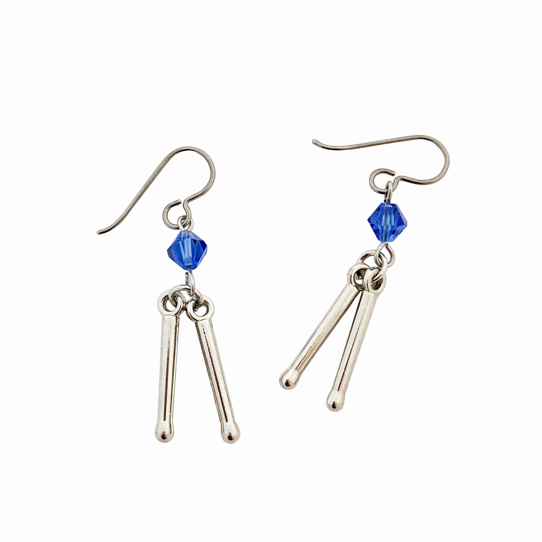 silver drumsticks charm earrings with blue sapphire Swarovski crystal beads